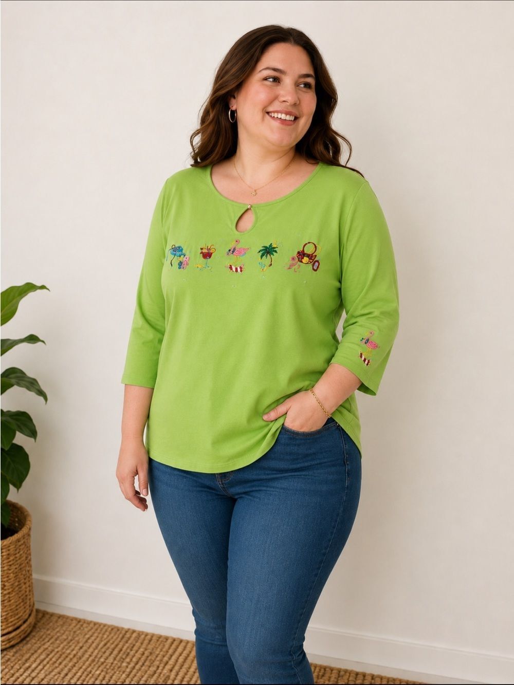 Quacker Factory Flamingo Beach Vacay Green Embroidered 3/4 Sleeve Top Size 2X